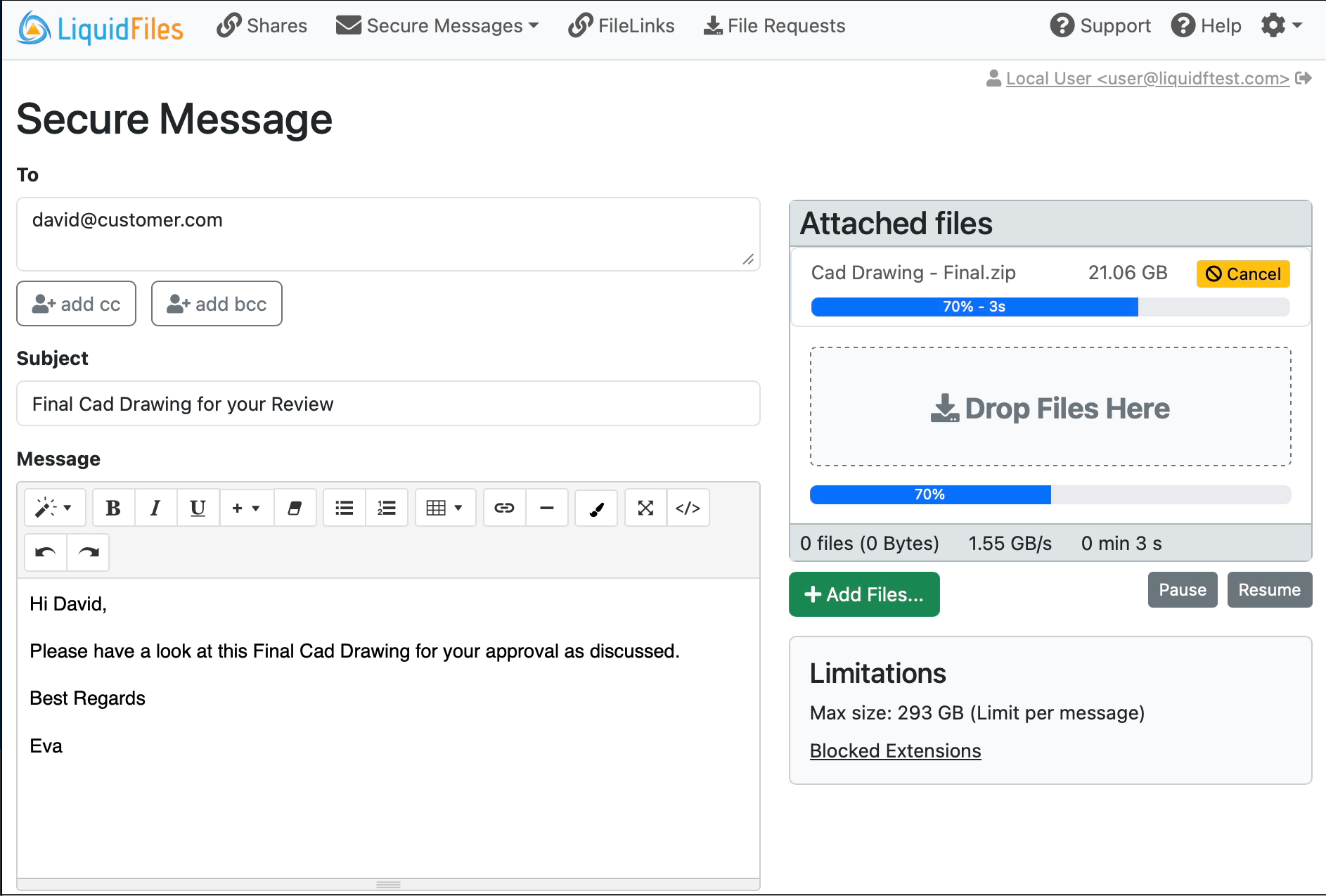 LiquidFiles Secure Message Interface